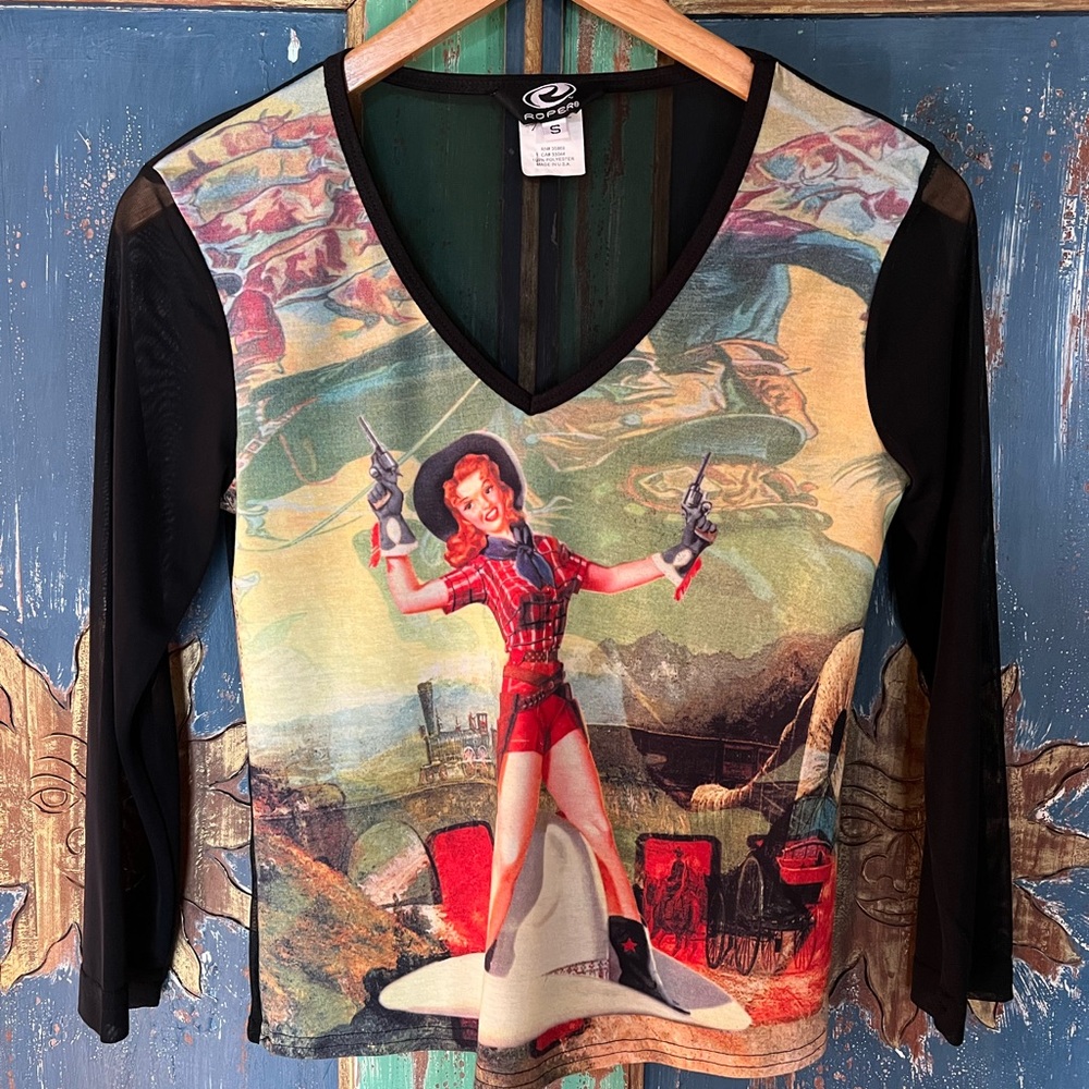 Roper V Neck Cowgirl sheer top 3/4 length sleeve  size small NWOT